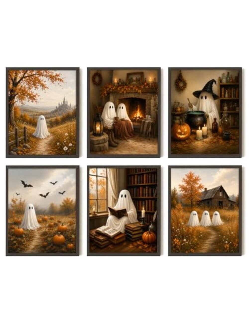 Halloween Canvas Wall Art Set of 6, 8x10 Unframed Vintage Ghost Prints